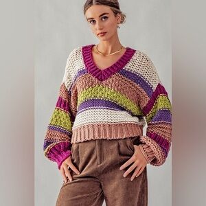 Threaded Leaf Chunky Knitted Bell Sleeve Crop Sweater in Fuschia Stripe